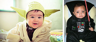 Zwei Jungs, die als Yoda und Darth Vader verkleidet sind