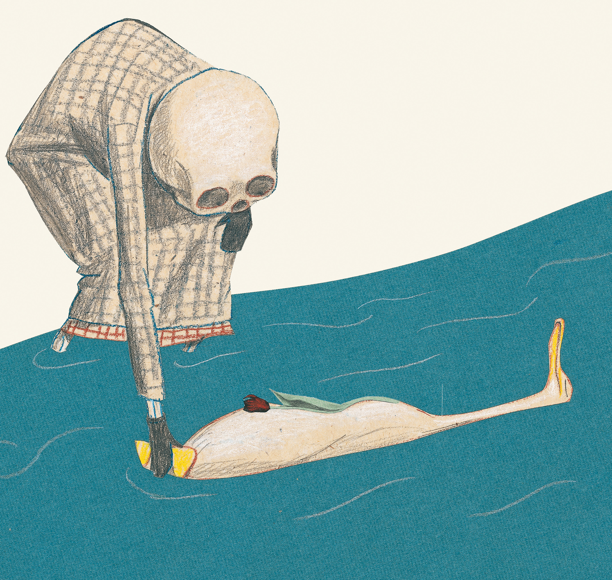 Illustration: Der Tod legt eine Ente im Fluss