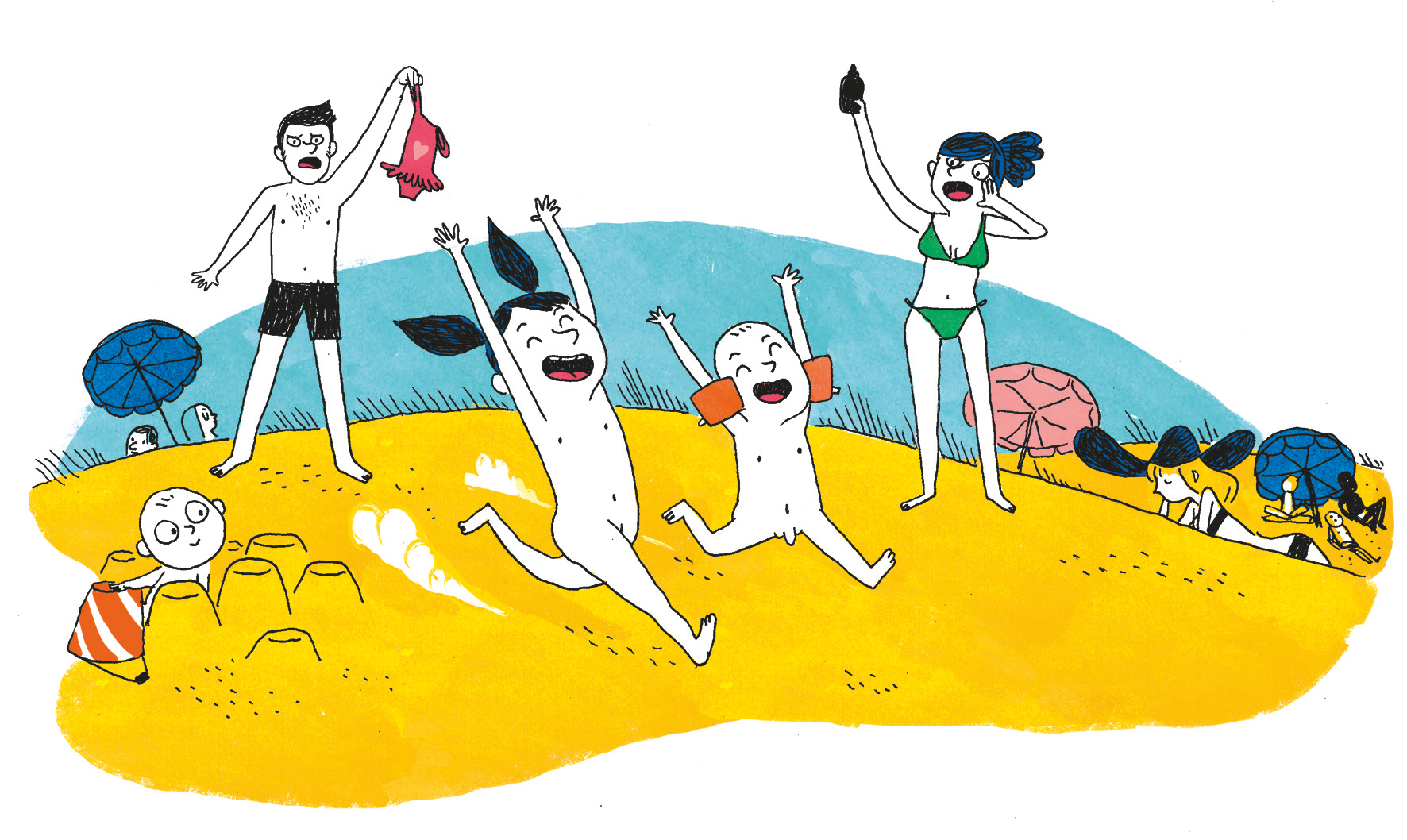 Illustration: Kinder rennen nackt auf dem Strand, Eltern verfolgen sie mit Badehosen.