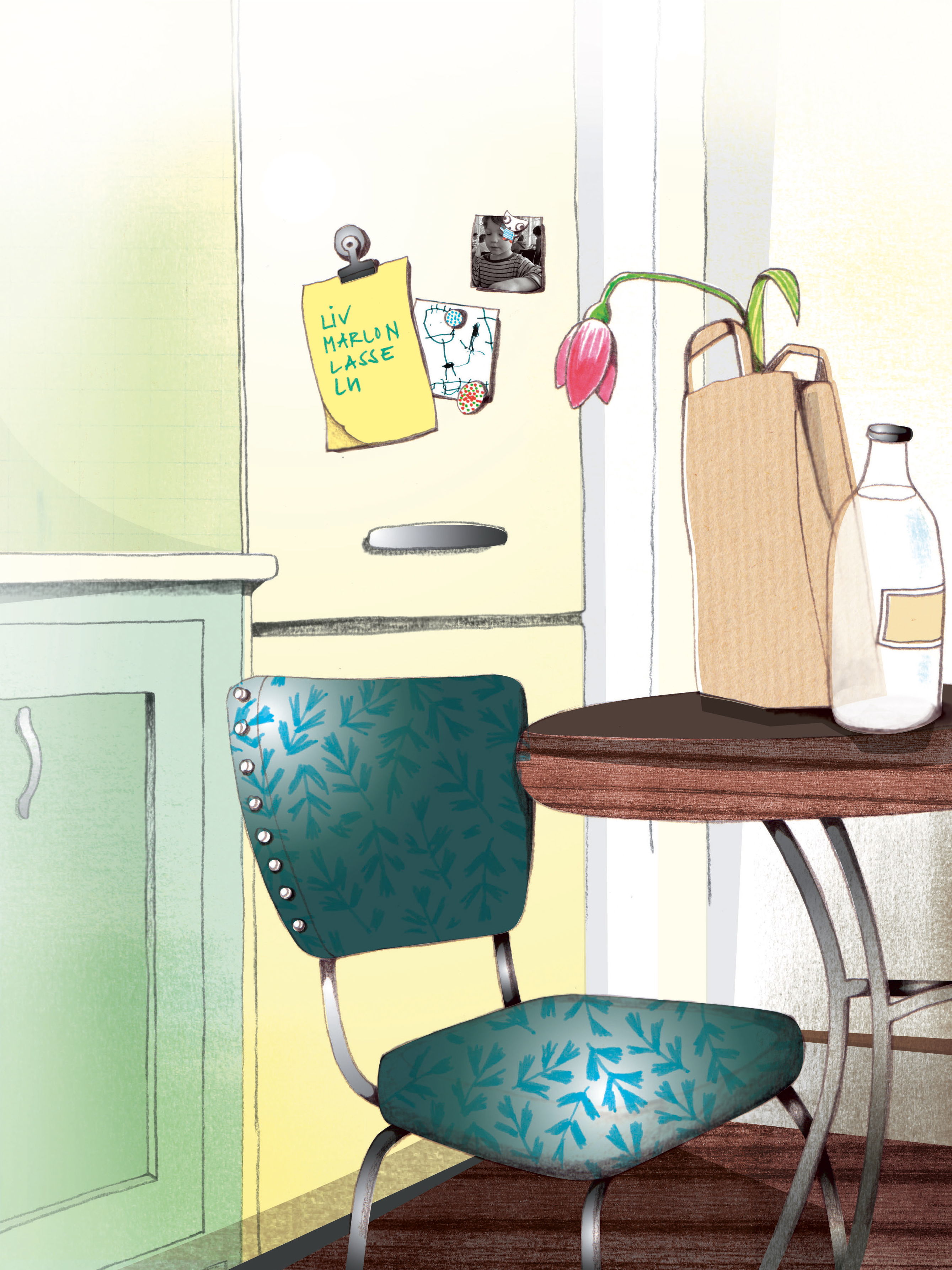 Illustration: Auf dem Esstisch liegt eine Tüte mit einer verwelkte Blume