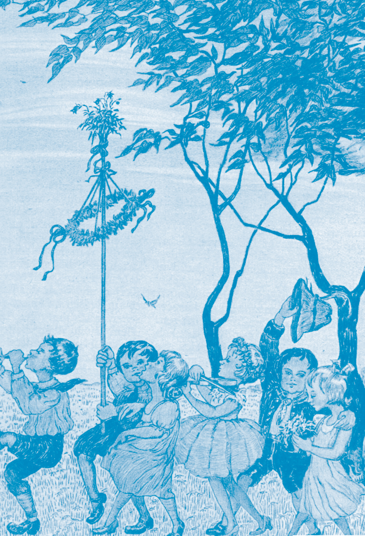 Illustration: Kinder mit einem Maibaum