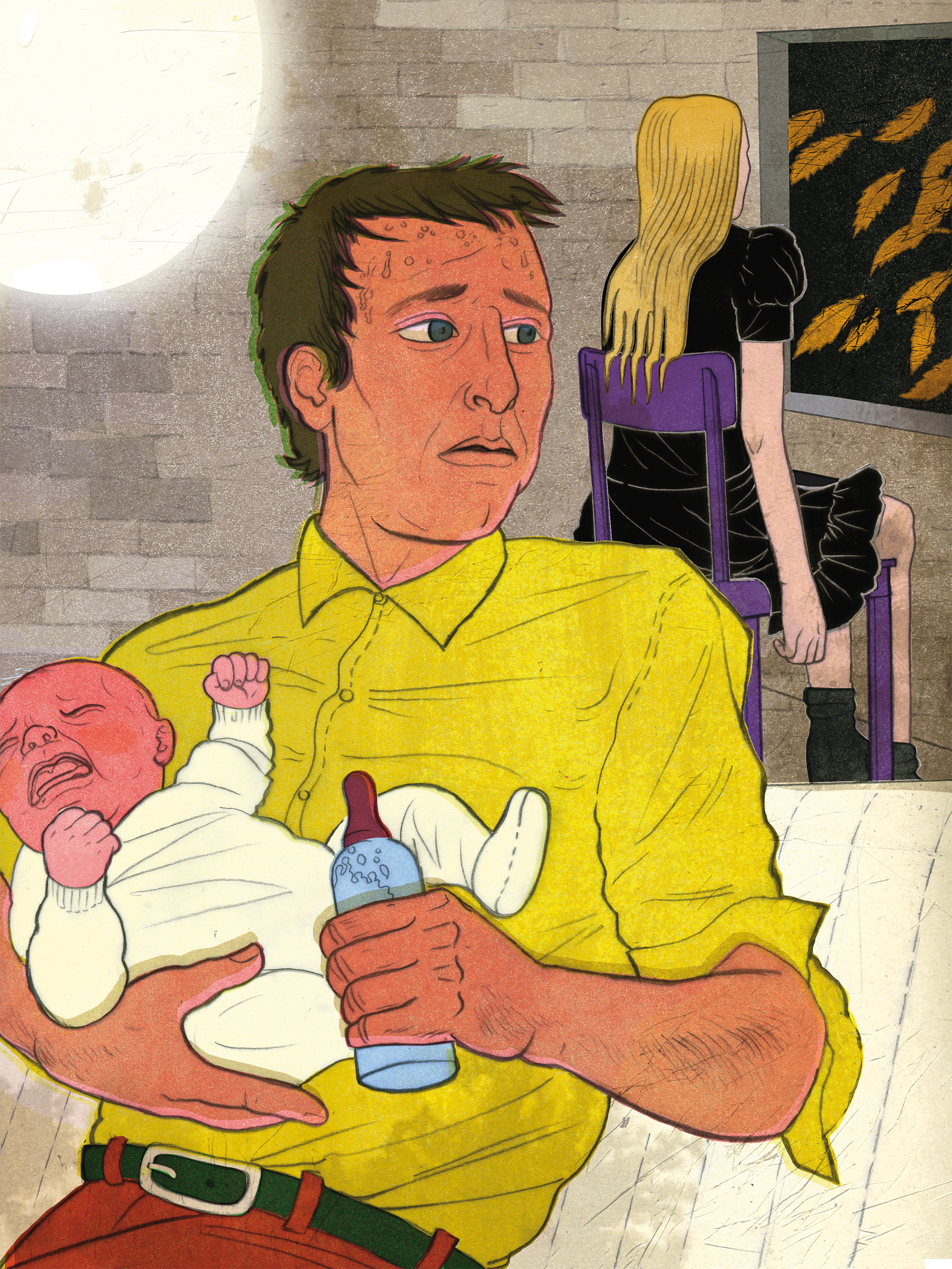 Illustration: Papa füttert Baby während Mama aus dem Fenster schaut
