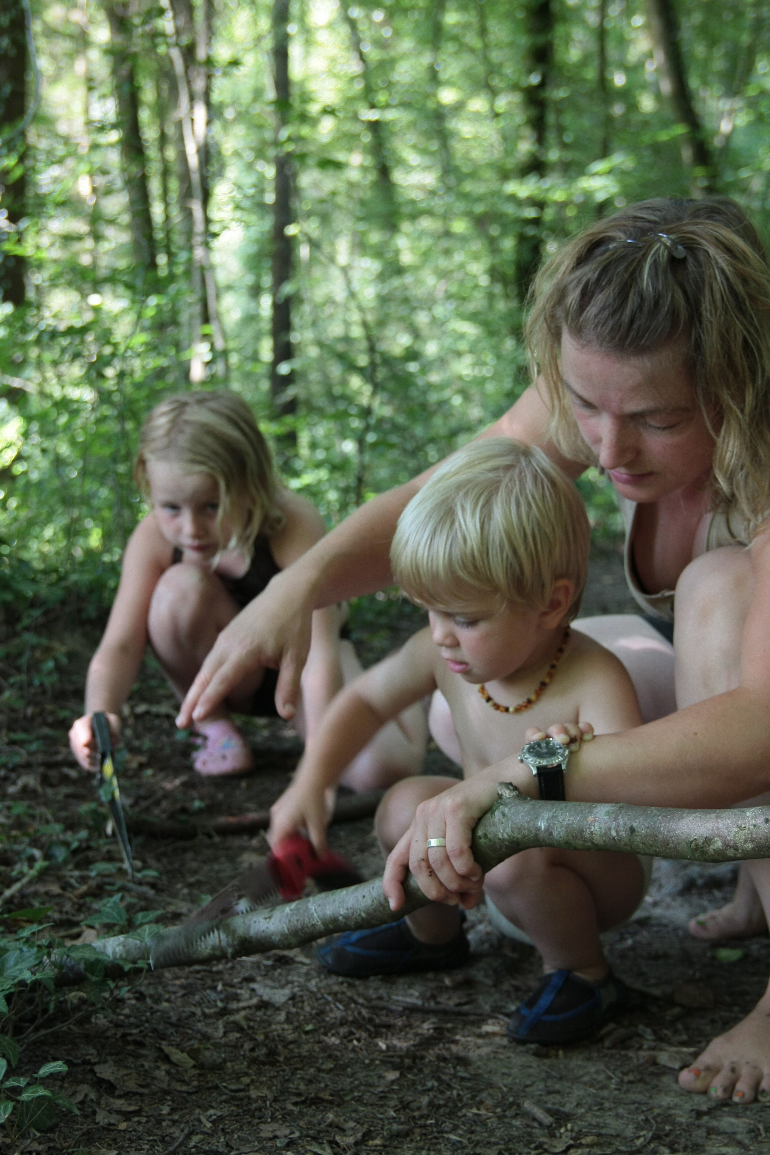 Kinder und eine Mutter sägen Baumäste