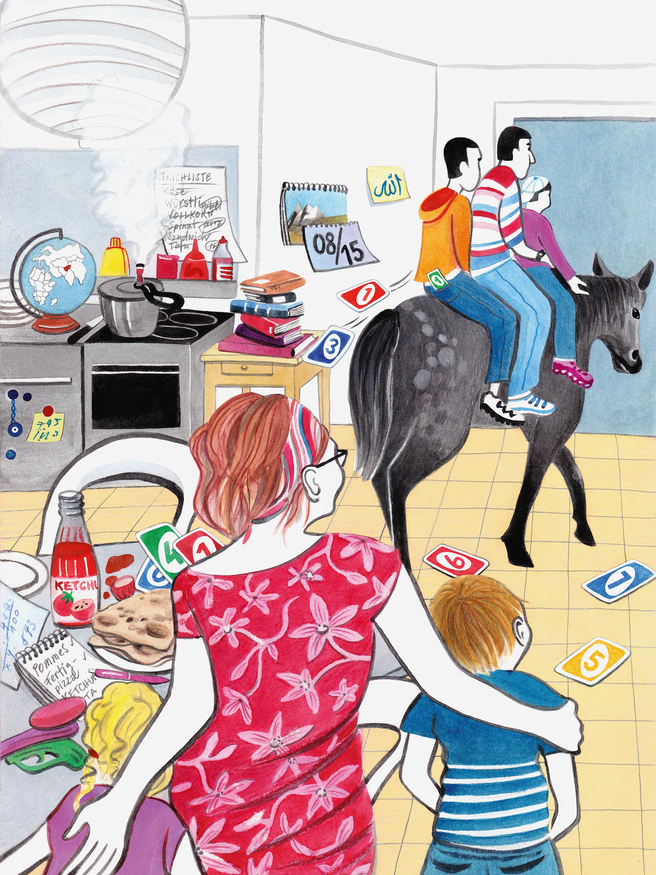 Illustration: Familie auf Pferd verlässt die Küche