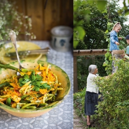 Teller mit Pfirsich-Bohnensalat und Kinder beim Bohnenernten