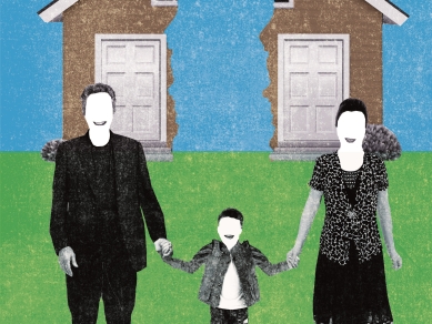 Illustration: Familie mit einem Kind vor einem in der Mitte getrennten Haus
