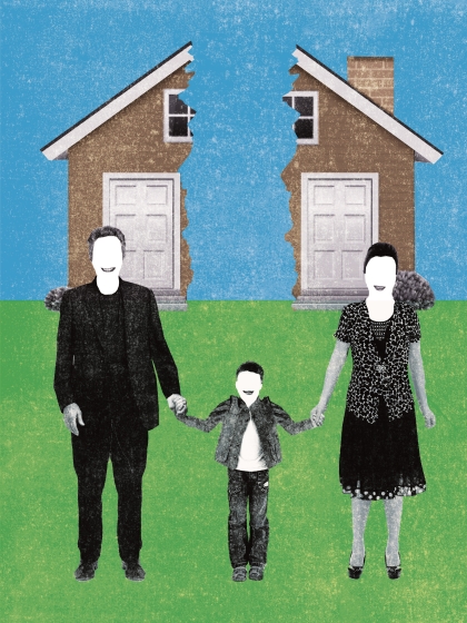 Illustration: Familie mit einem Kind vor einem in der Mitte getrennten Haus
