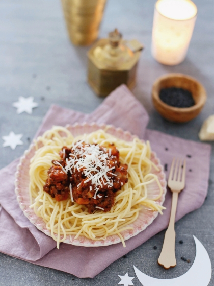 Linsenbolognese mit Spaghetti