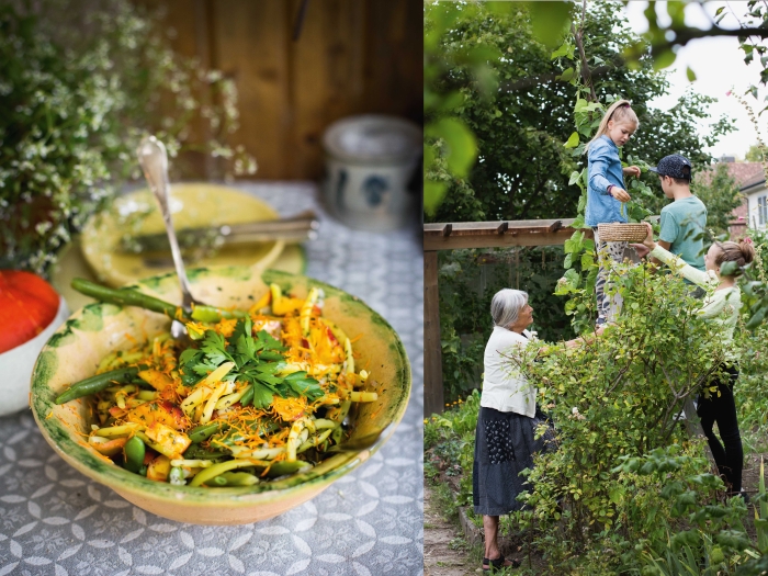 Teller mit Pfirsich-Bohnensalat und Kinder beim Bohnenernten