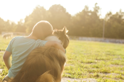 Junge umarmt Hund