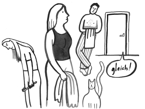Illustration: Familie steht Schlange vor dem Badezimmer
