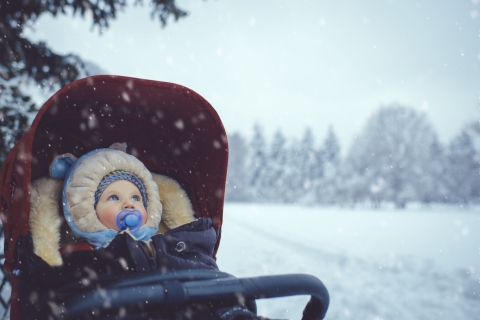 Kleinkind mit Fusssack im Kinderwagen in einer Winterlandschaft